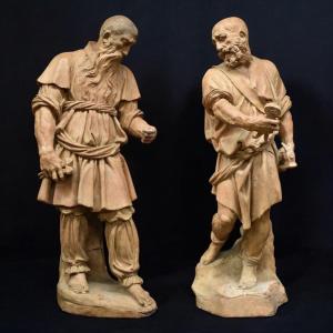 Joseph d'Arimathie et Nicodème Paire de sculptures en terre cuite