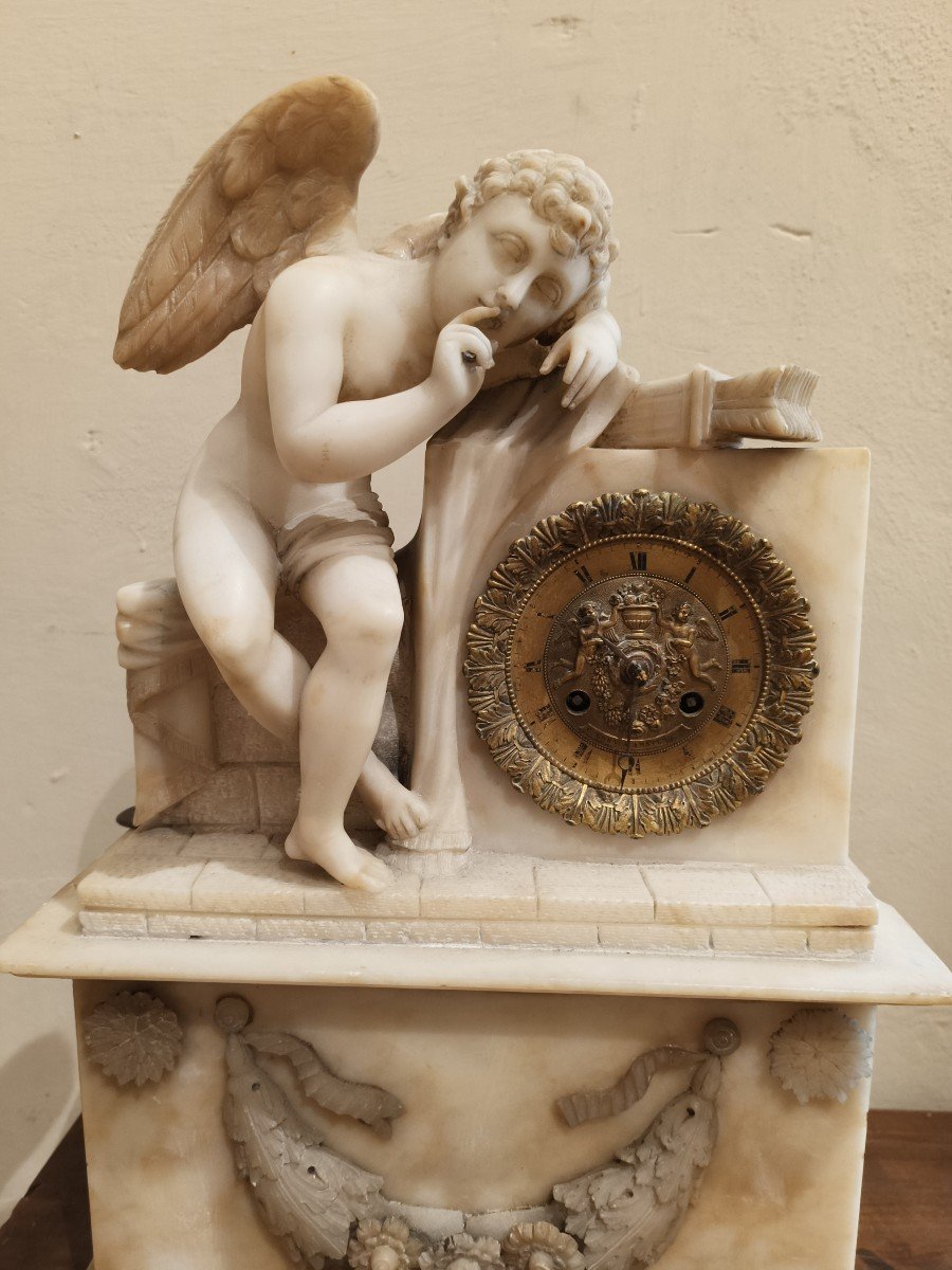 Alabaster Clock Carved With Putto. 19th Century.-photo-2