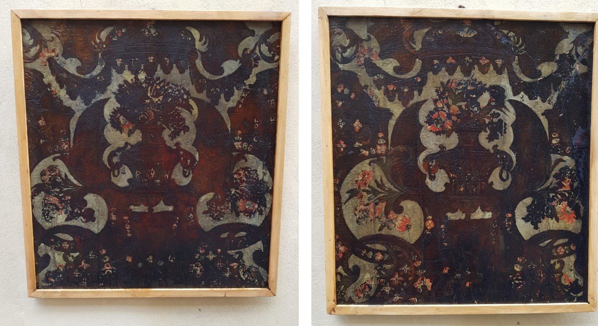 Paire De Panneaux Décoratifs En Cuir Repoussé Et Peint, Cordoue, Fin XVIIe Siècle.