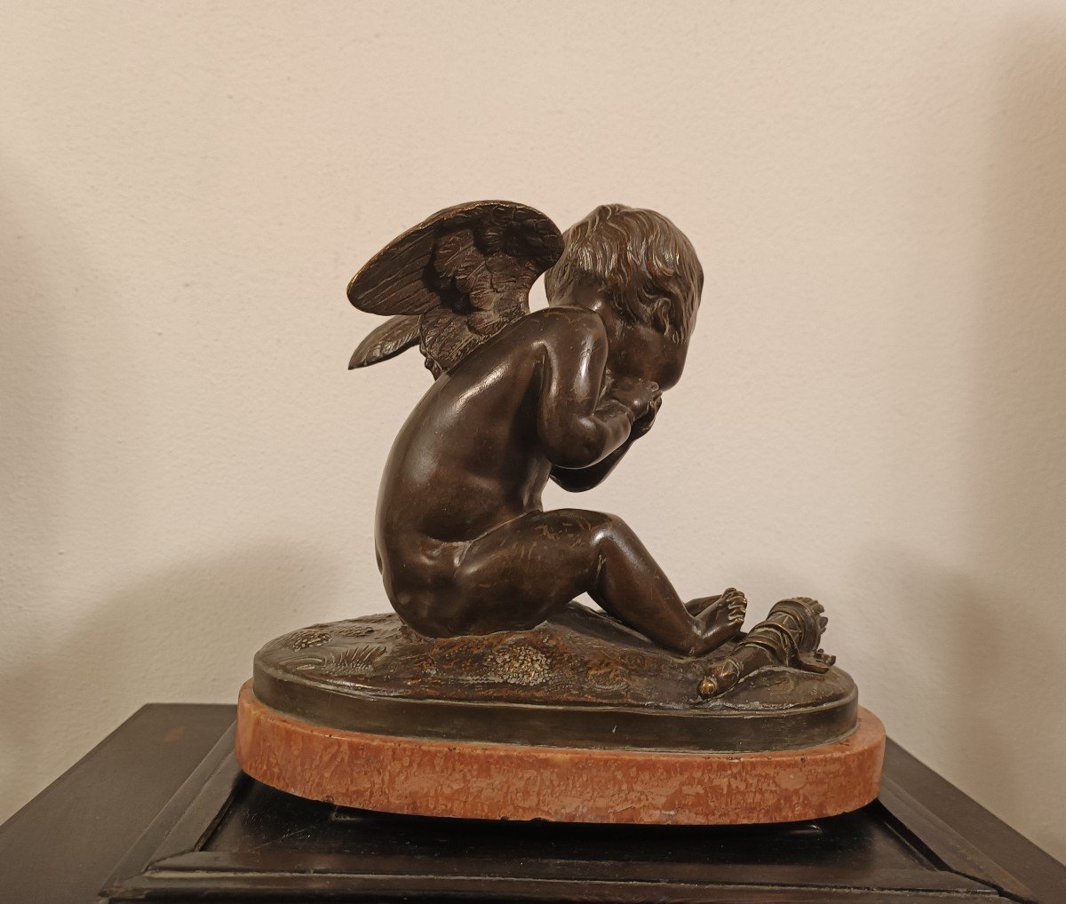 Bronze Sculpture Depicting Cupid, On Its Original Red Marble Base.france,mid 19th Century.-photo-2