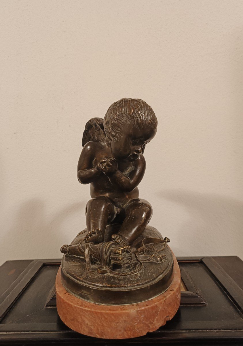 Bronze Sculpture Depicting Cupid, On Its Original Red Marble Base.france,mid 19th Century.-photo-3