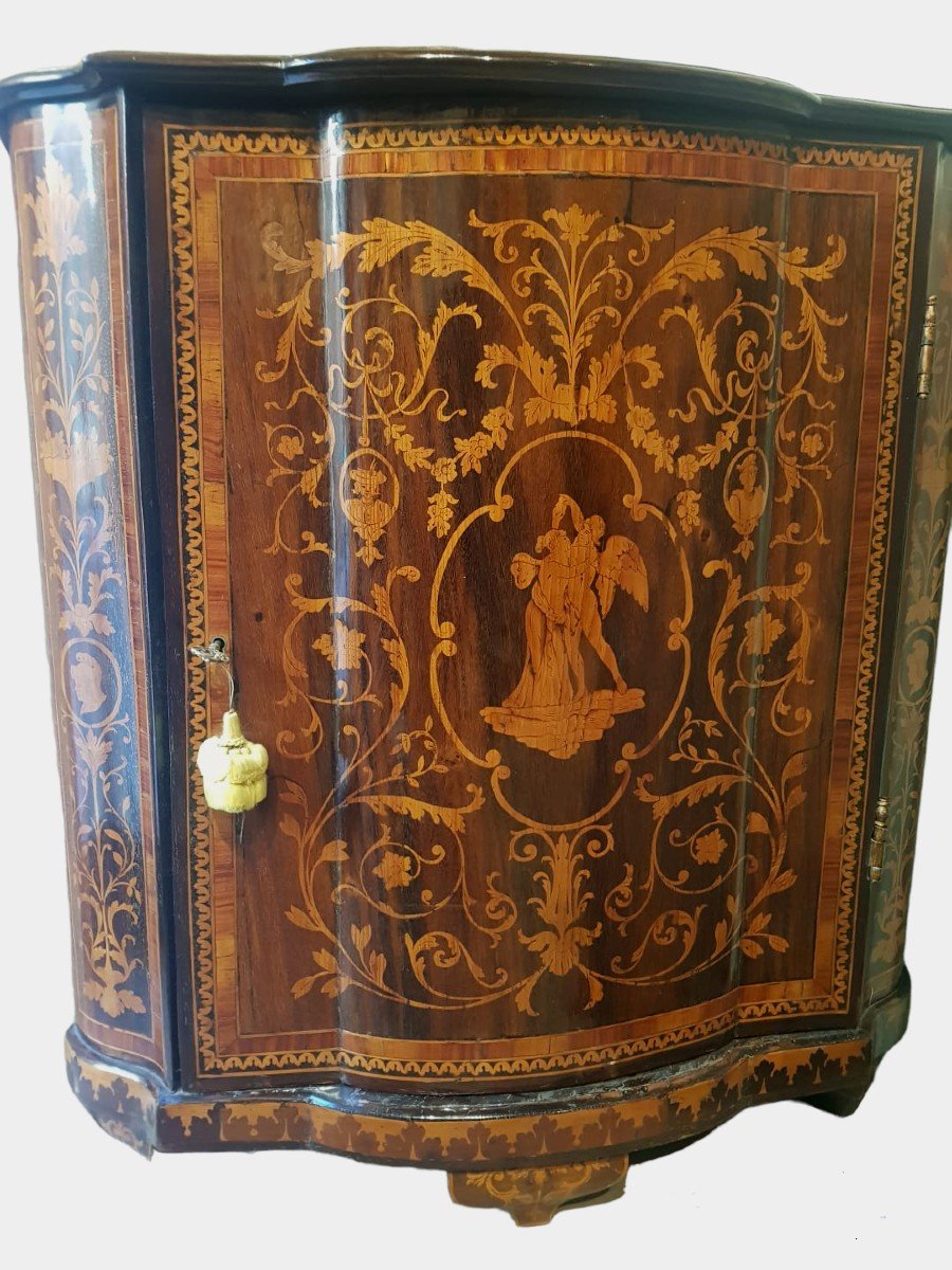Important Corner Cabinet In Wood Marquetry. Lombardy, Louis XV Period.