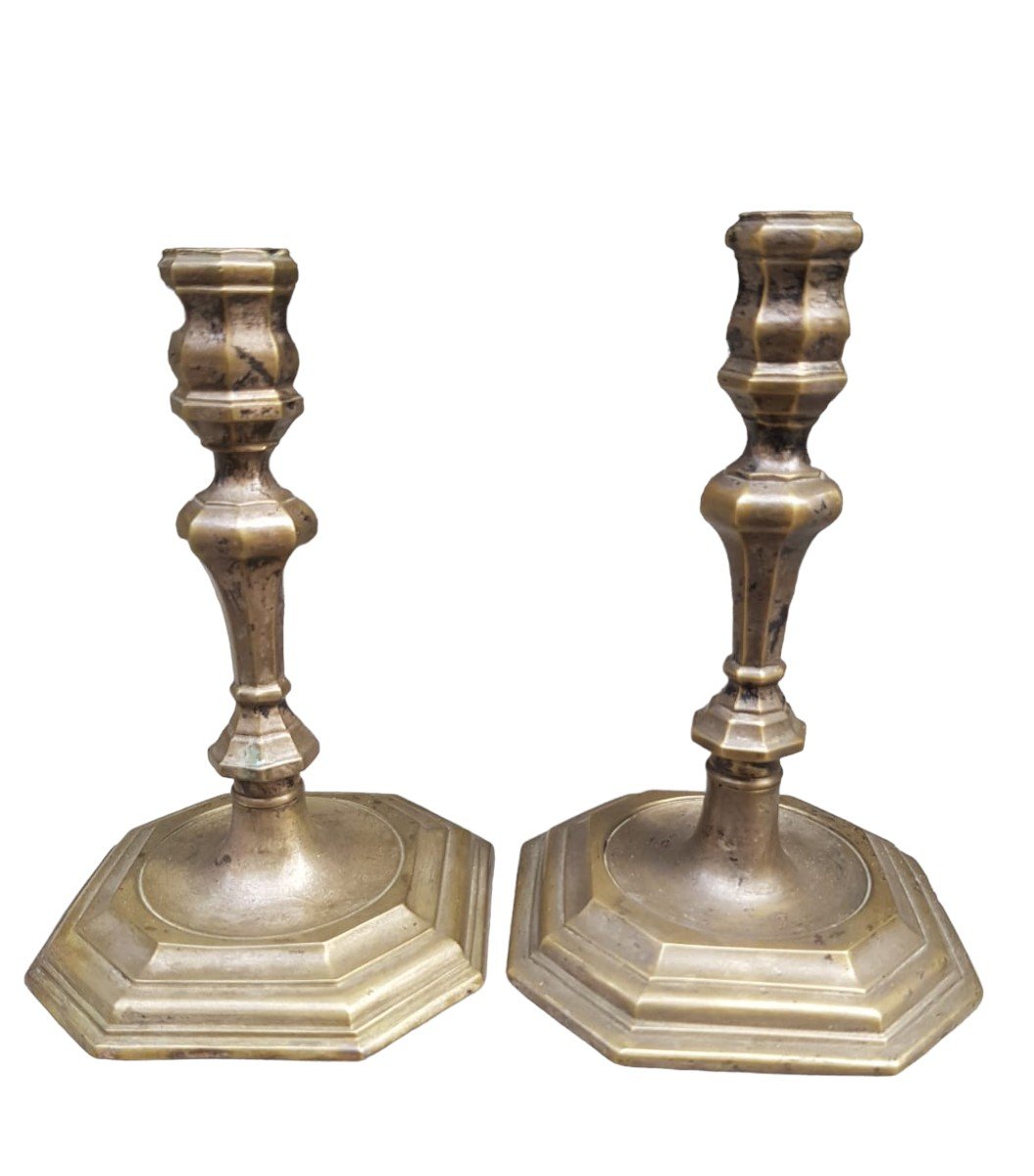 Pair Of Candlesticks In Silvered Bronze.18th Century.