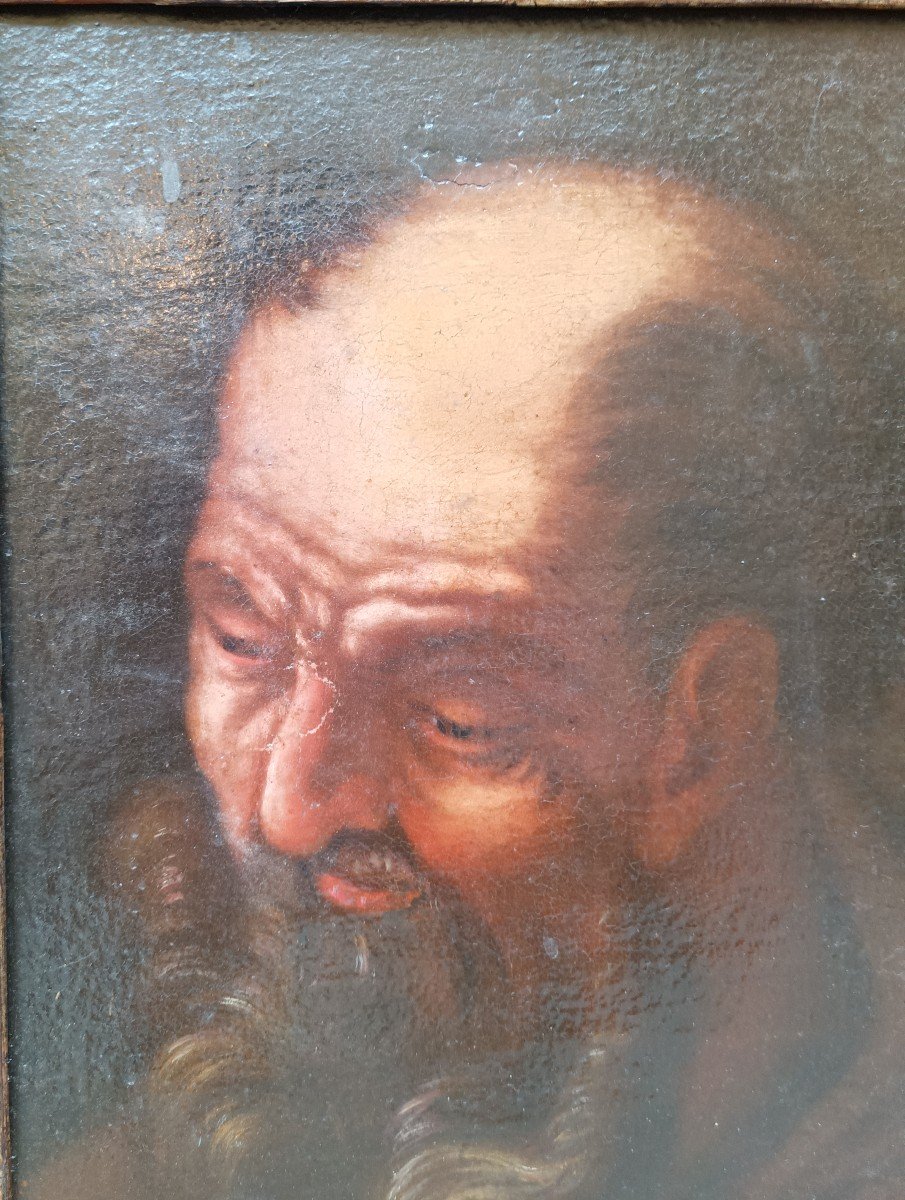 Peinture à l'Huile Sur Toile Représentant Une Tête d'Homme. Italie Du Sud, XVIIe Siècle.-photo-2