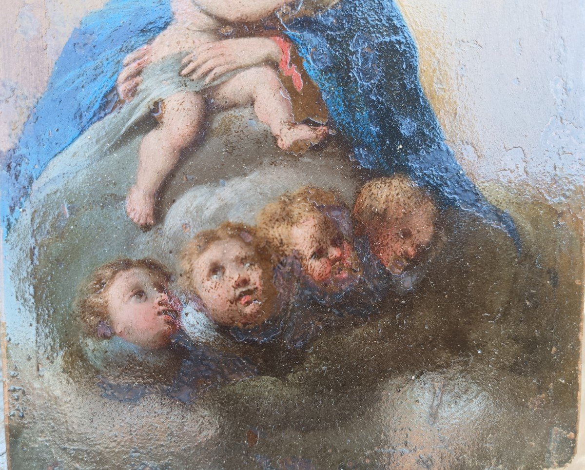 Huile Sur Cuivre Représentant La Madone En Gloire. Italie, XVIIe Siècle.-photo-3