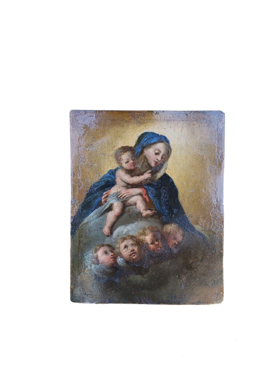 Oil On Copper Depicting The Madonna In Glory.  Italy ,17th Century.-photo-1
