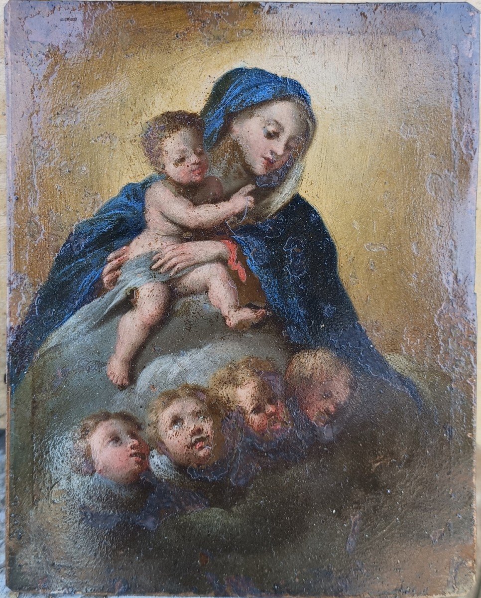 Huile Sur Cuivre Représentant La Madone En Gloire. Italie, XVIIe Siècle.