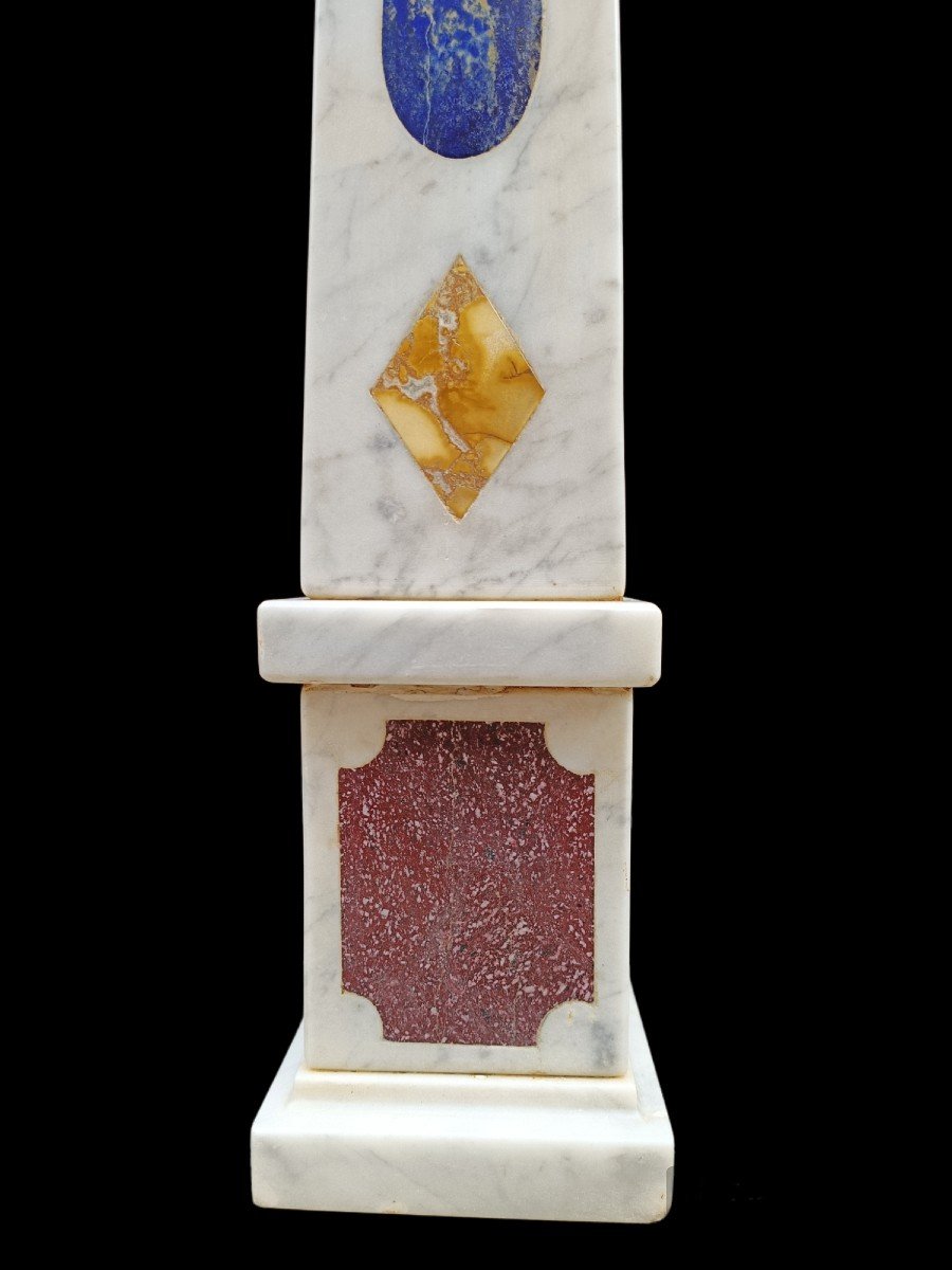 Pair Of White Marble Obelisks Inlaid With Marbles.italy,early XXth Century.-photo-4