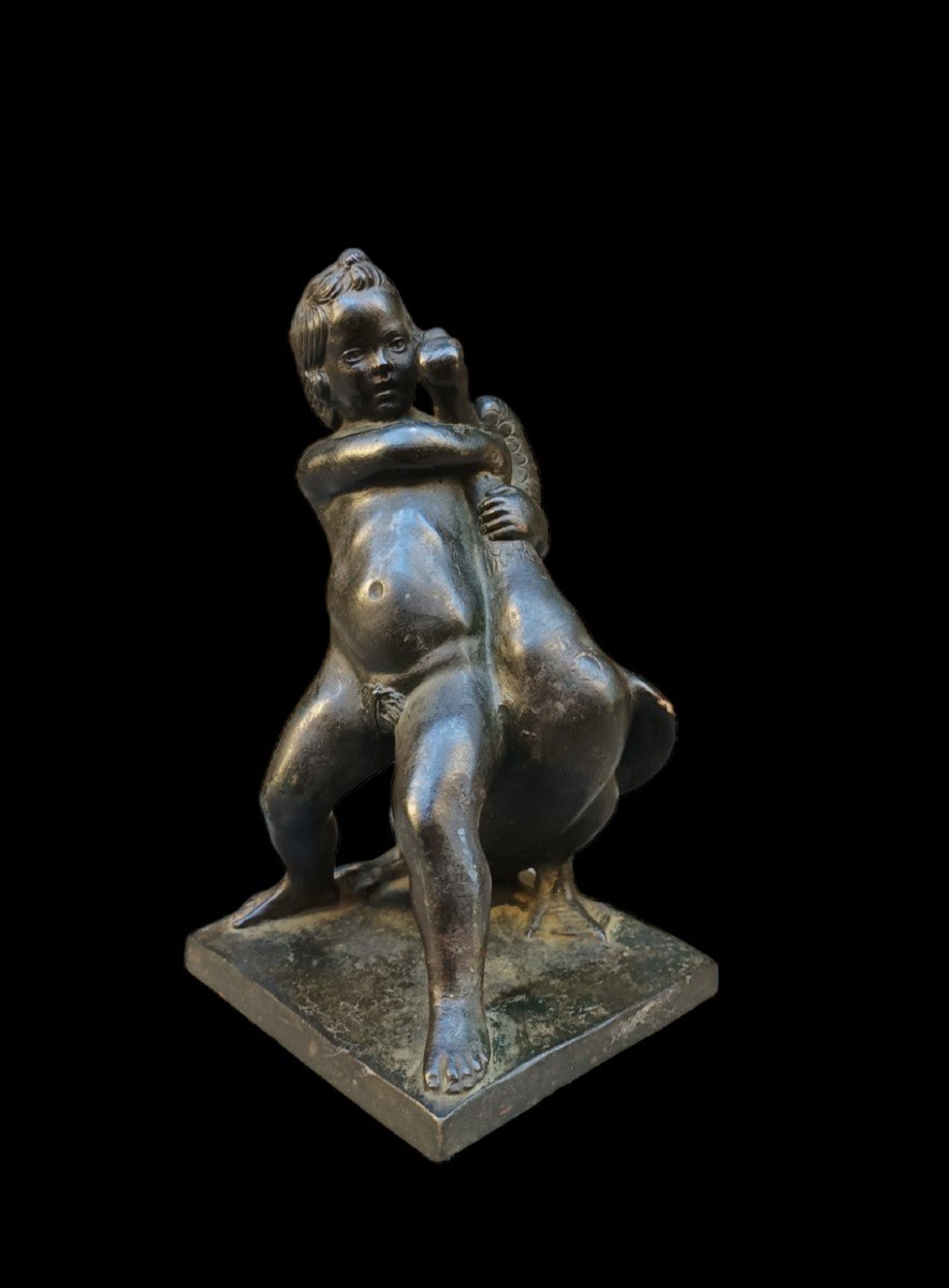 Grand Tour Bronze Sculpture Depicting Putto With Goose. Italy,late XVIIIth Century.
