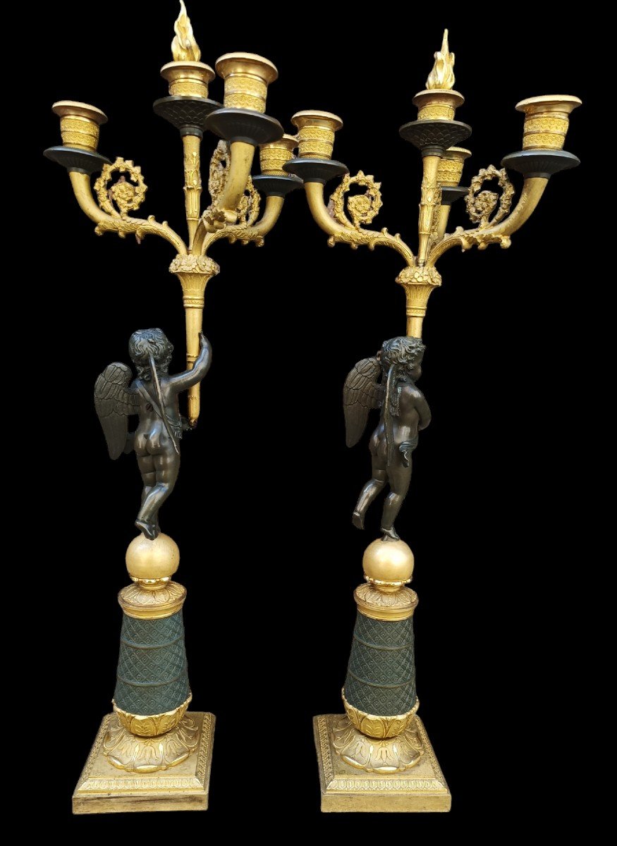 Paire De Flambeaux En Bronze Doré Et Bruni. France, époque Charles X (1824-1830).-photo-4
