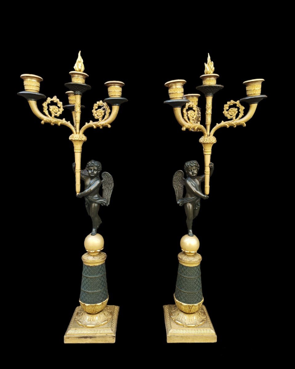 Paire De Flambeaux En Bronze Doré Et Bruni. France, époque Charles X (1824-1830).
