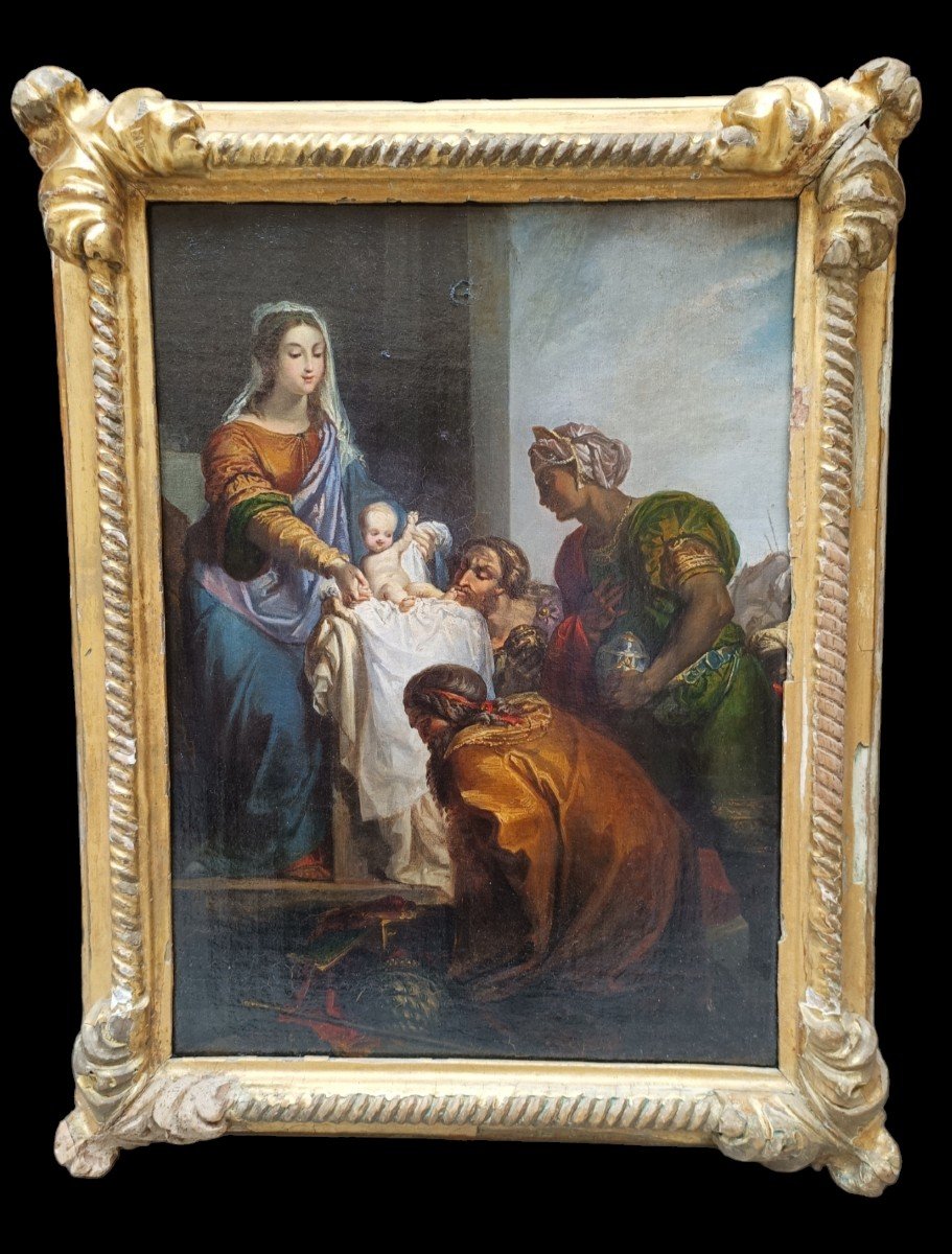 Oil Painting On Canvas Depicting The Adoration Of The Magi. Venezia,xviiith Century.-photo-2