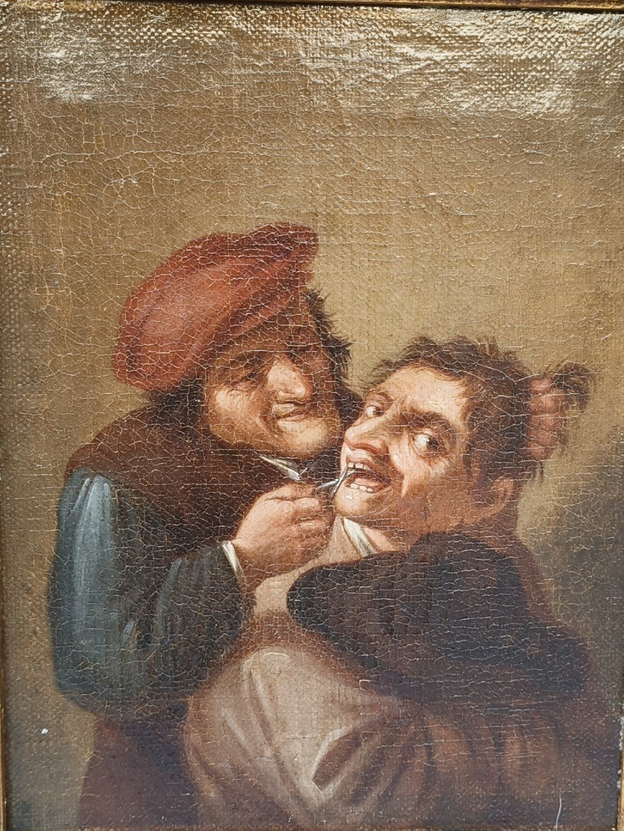 Pair Of Oil Paintings On Canvas Depicting Burlesque Genre Scenes.flanders,18th Century.-photo-3