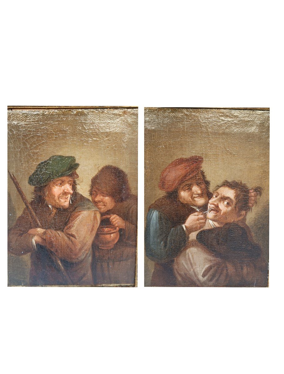 Pair Of Oil Paintings On Canvas Depicting Burlesque Genre Scenes.flanders,18th Century.