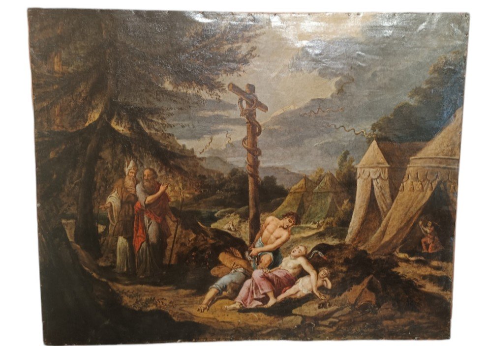 Large Copper Painting Depicting Moses And The Bronze Serpent. Central Italy,17th Century.