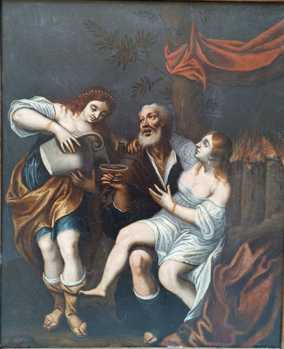 Painting On Slate Depicting Lot And His Daughters. Verona,xviith Century.