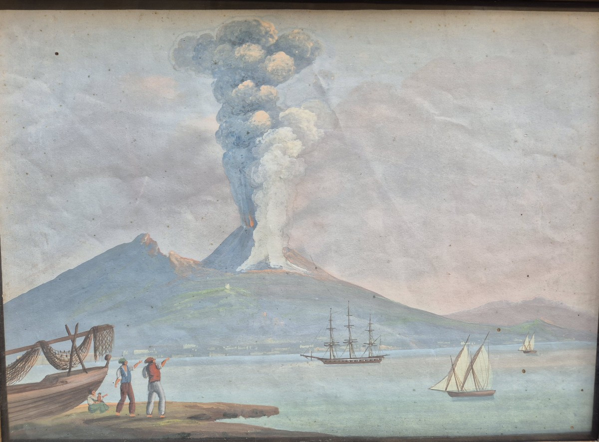 Gouache représentant l'éruption du Vésuve. Naples, début du XIXe siècle.