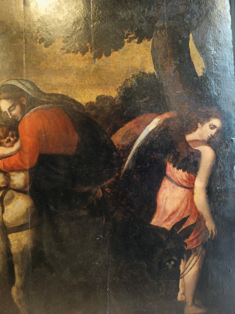 Huile sur panneau le repos pendant la fuite en Egypte. Ecole de Palma il Giovane (1544-1628).-photo-4
