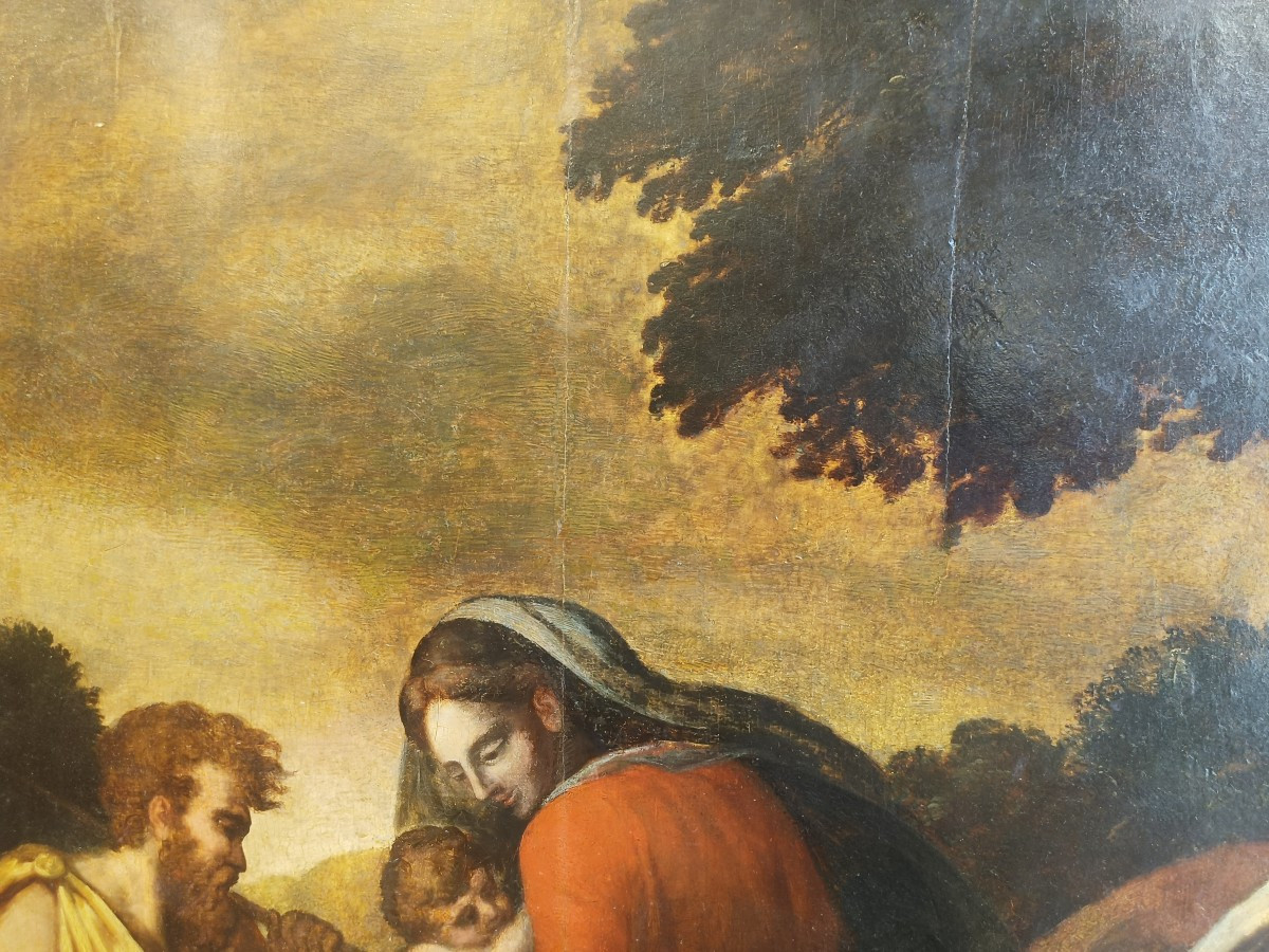 Huile sur panneau le repos pendant la fuite en Egypte. Ecole de Palma il Giovane (1544-1628).-photo-1