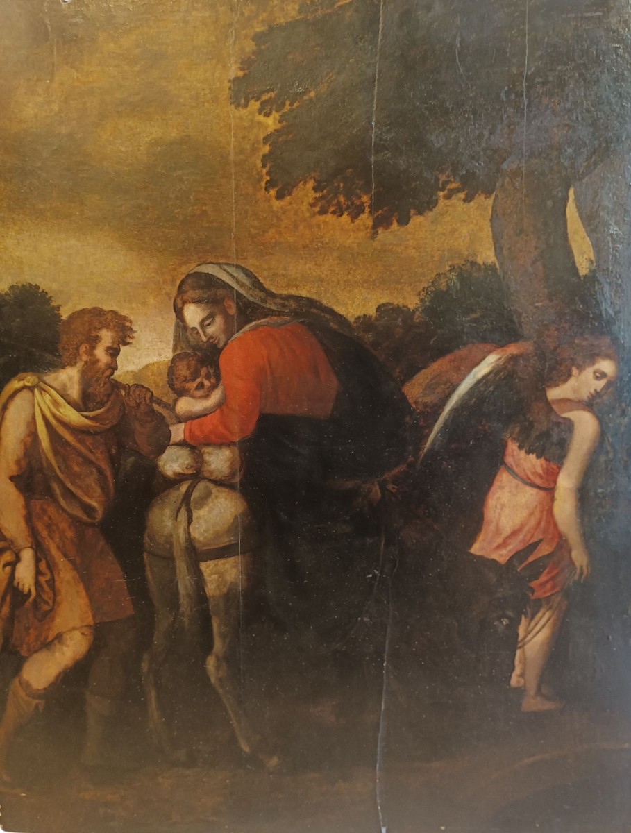 Huile sur panneau le repos pendant la fuite en Egypte. Ecole de Palma il Giovane (1544-1628).