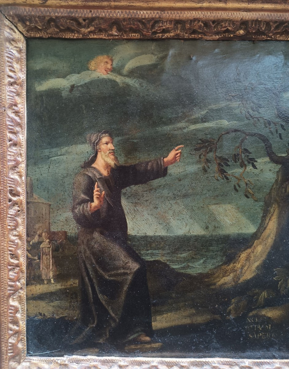 Huile sur cuivre représentant une scène biblique. Italie, XVIIe siècle.-photo-2