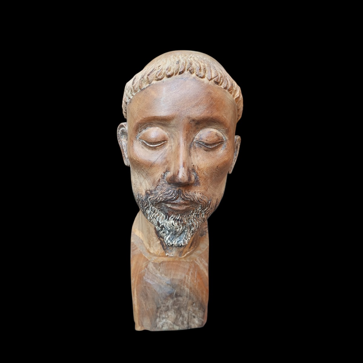 Wooden Head Of A Saint.italy,18th Century.-photo-2