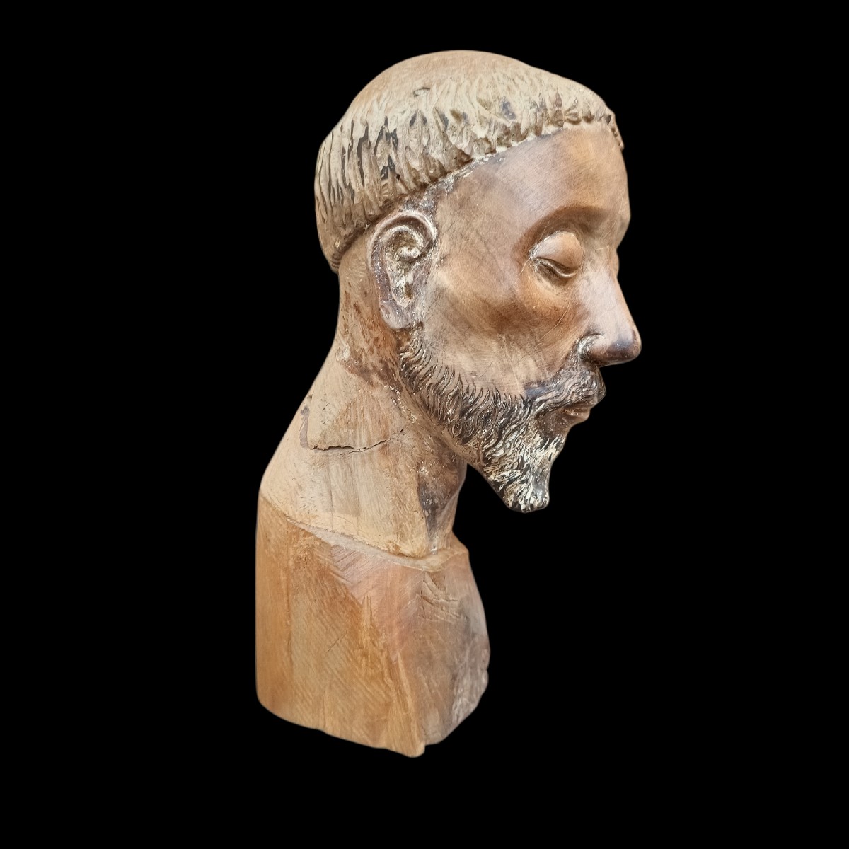 Wooden Head Of A Saint.italy,18th Century.