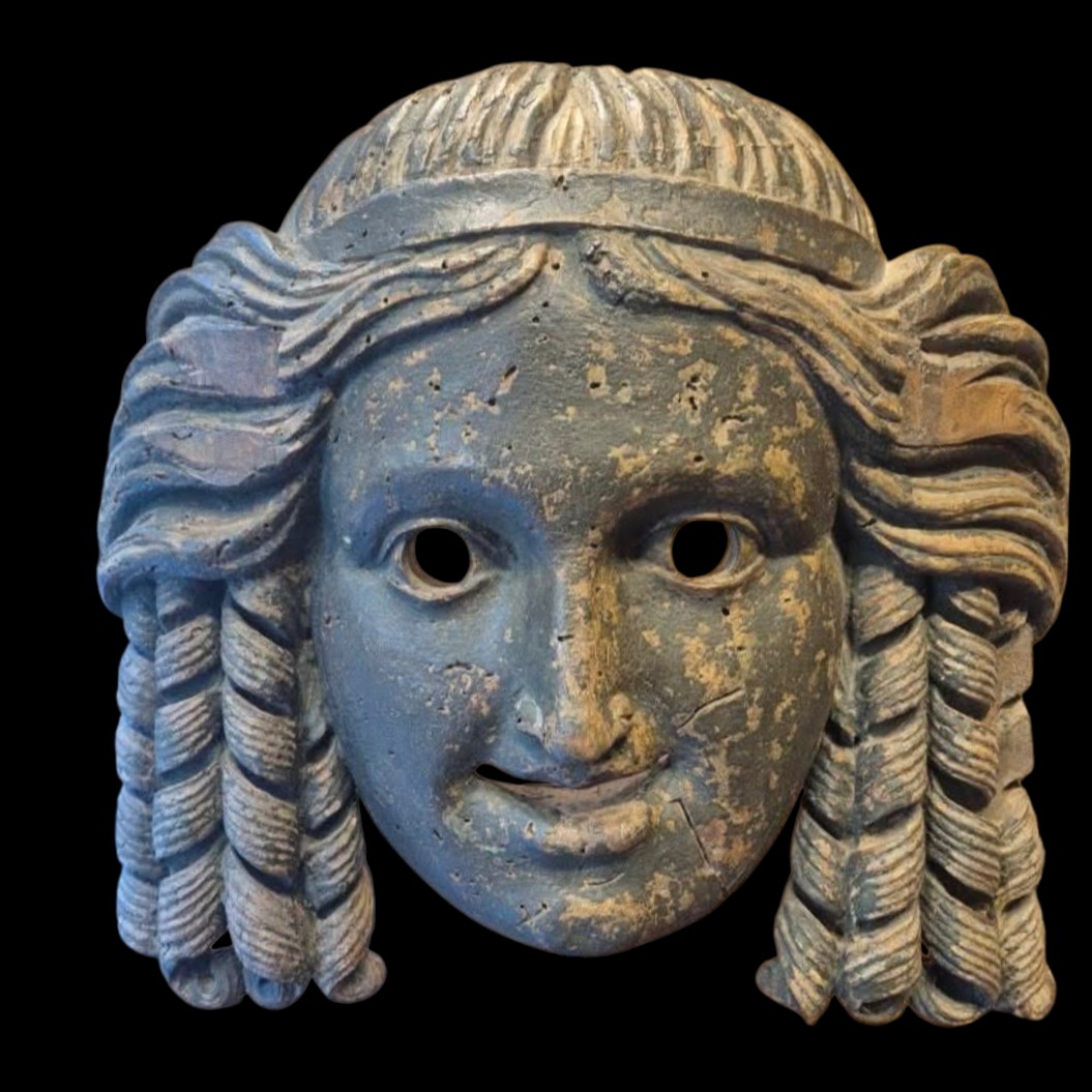 Large Theater Mask In Painted Wood.italy,18th Century.