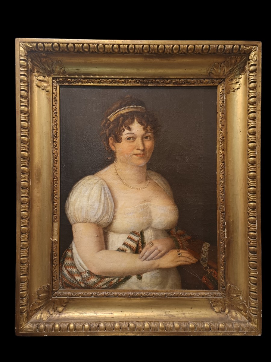 Portrait d'une noble à l'huile sur toile. Toscane, début du XIXe siècle.