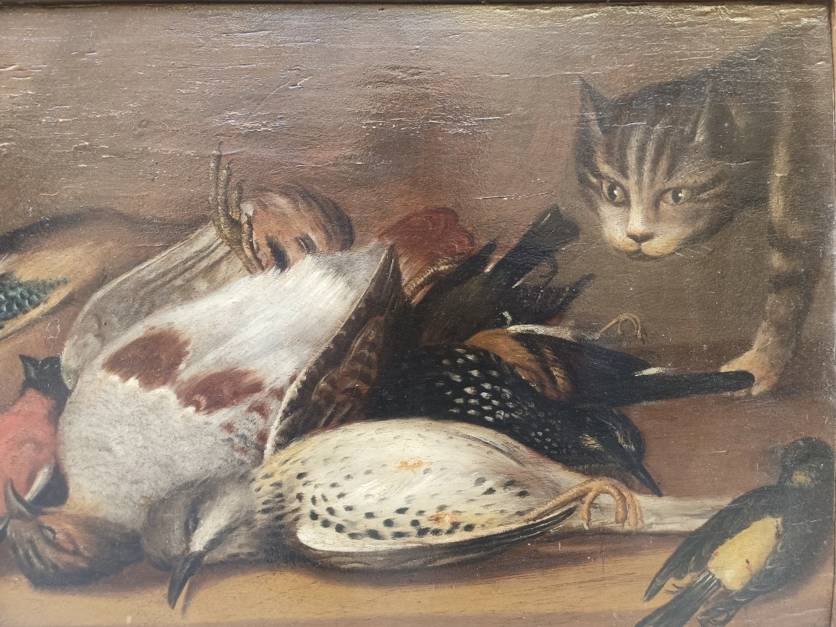 Nature morte à l'huile sur panneau.Entourage de Baldassarre de Caro (Naples 1689-1750).-photo-2