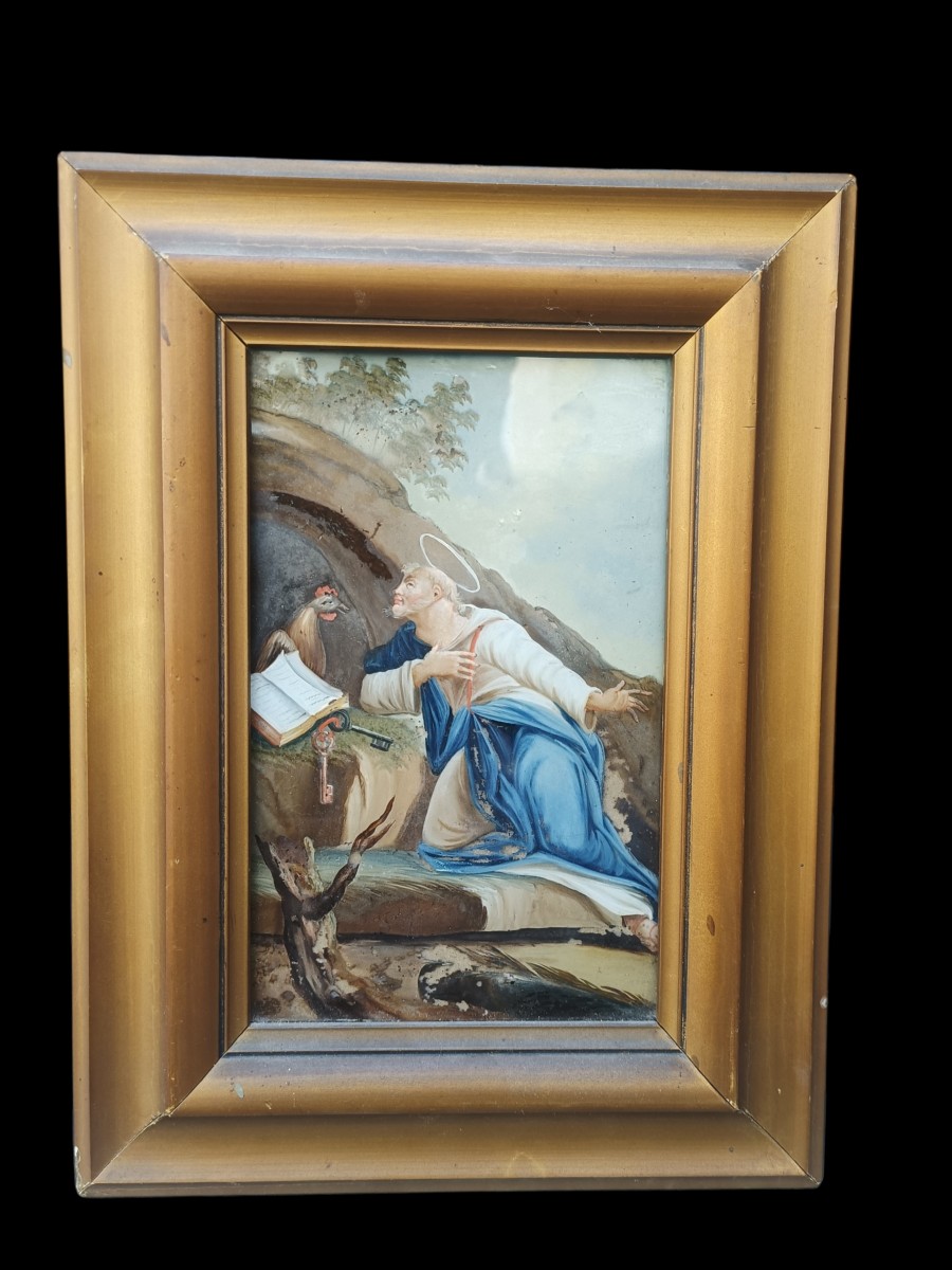 Painting On Glass Saint Peter And The Rooster.veneto,18th Century.-photo-2