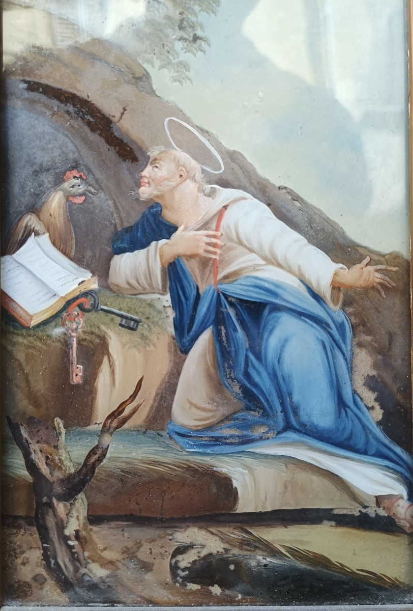 Painting On Glass Saint Peter And The Rooster.veneto,18th Century.