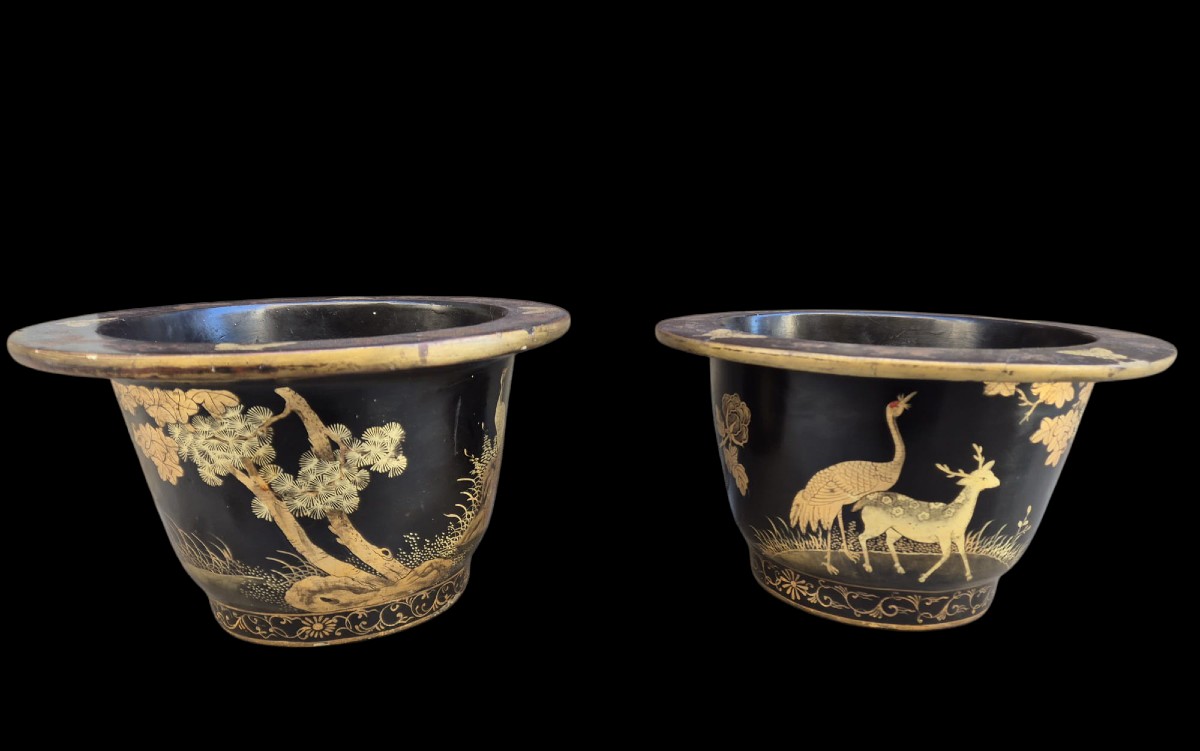 Pair Of Papier-mâché And Wood Chinoiserie Vases. Late 19th Century.-photo-2