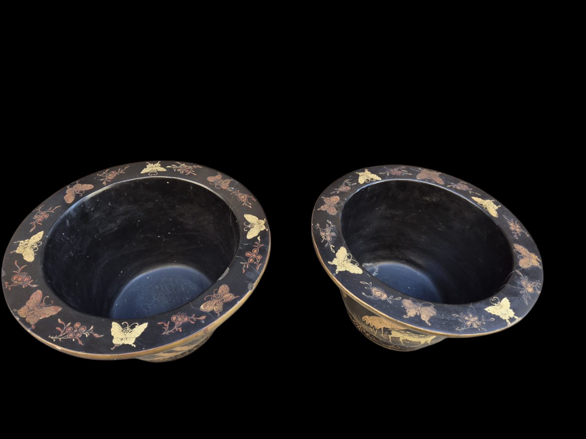 Pair Of Papier-mâché And Wood Chinoiserie Vases. Late 19th Century.-photo-2