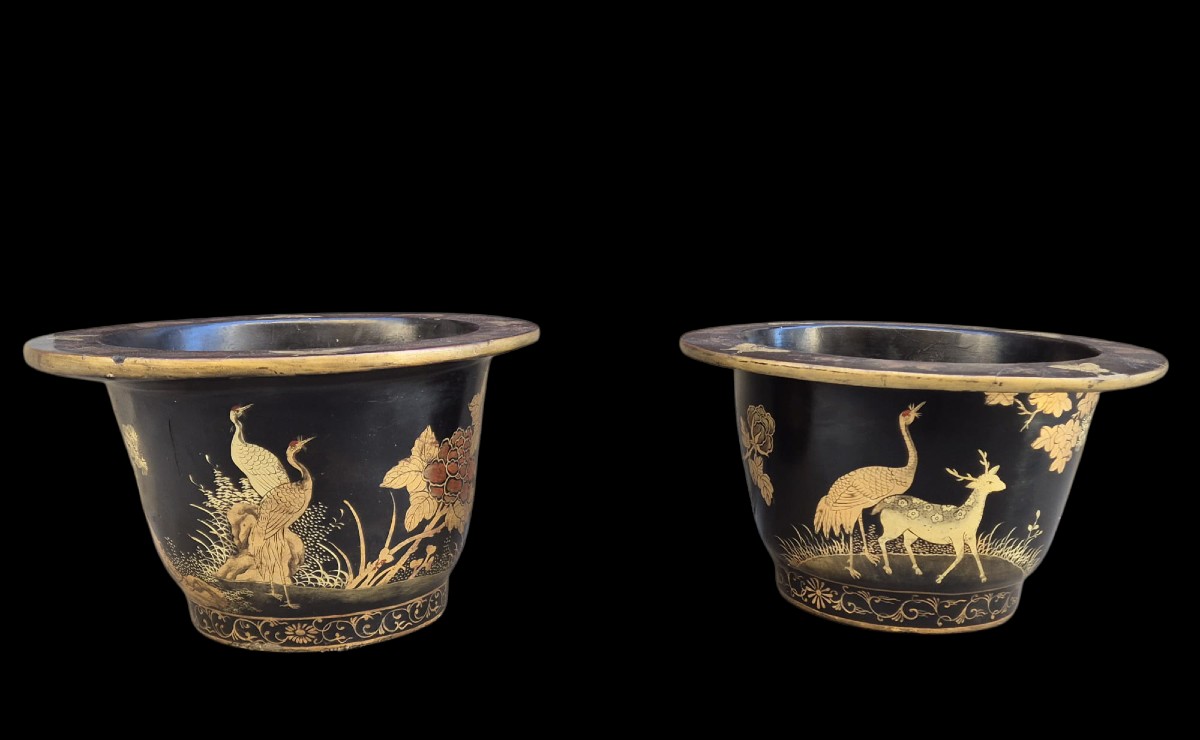 Pair Of Papier-mâché And Wood Chinoiserie Vases. Late 19th Century.