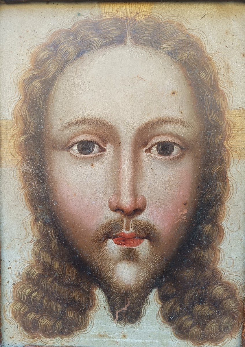Oil On Copper Depicting The Face Of Christ. 17th-century Flemish Painter.