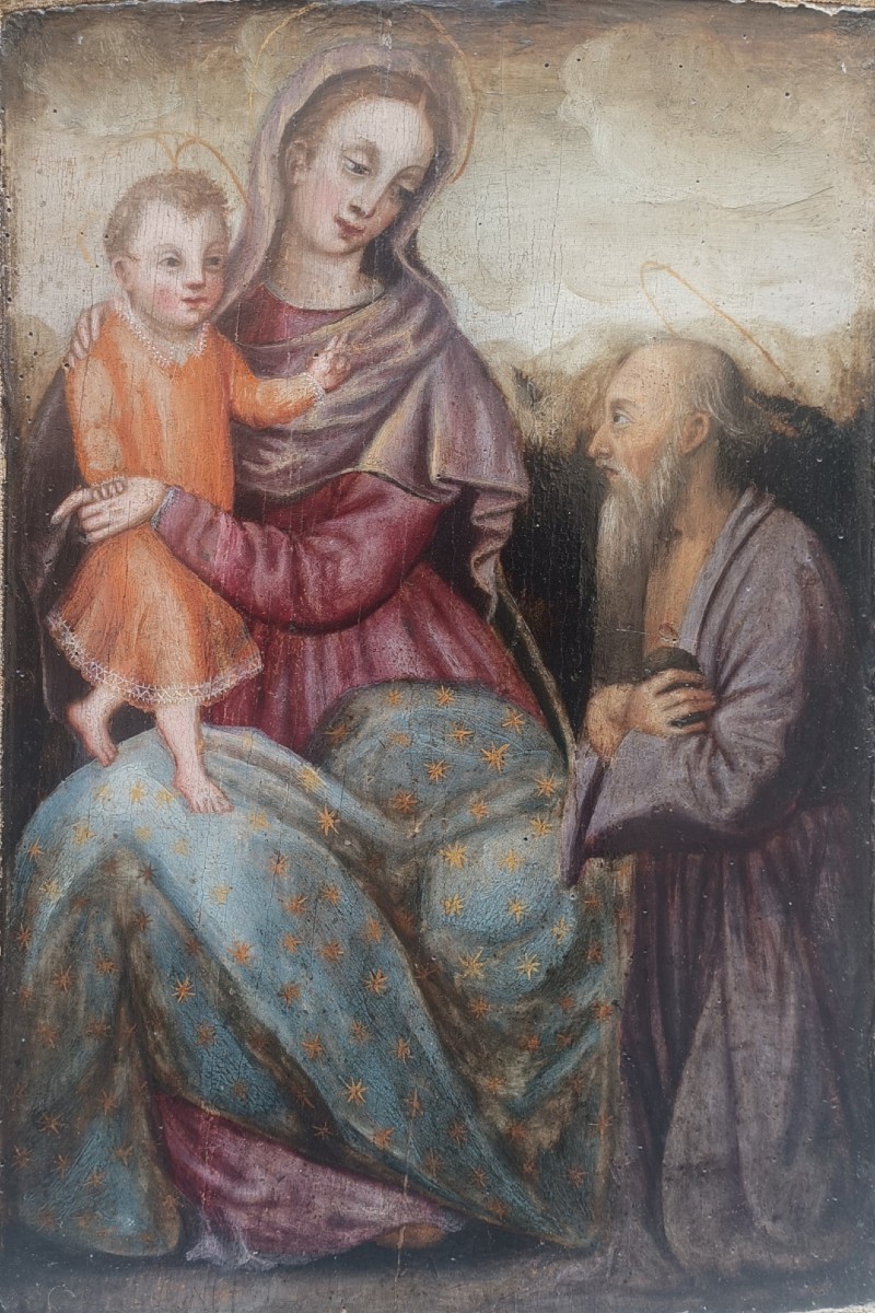 Oil On Panel Depicting The Madonna And Child With Saint Jerome. Italy, Late 16th Century.