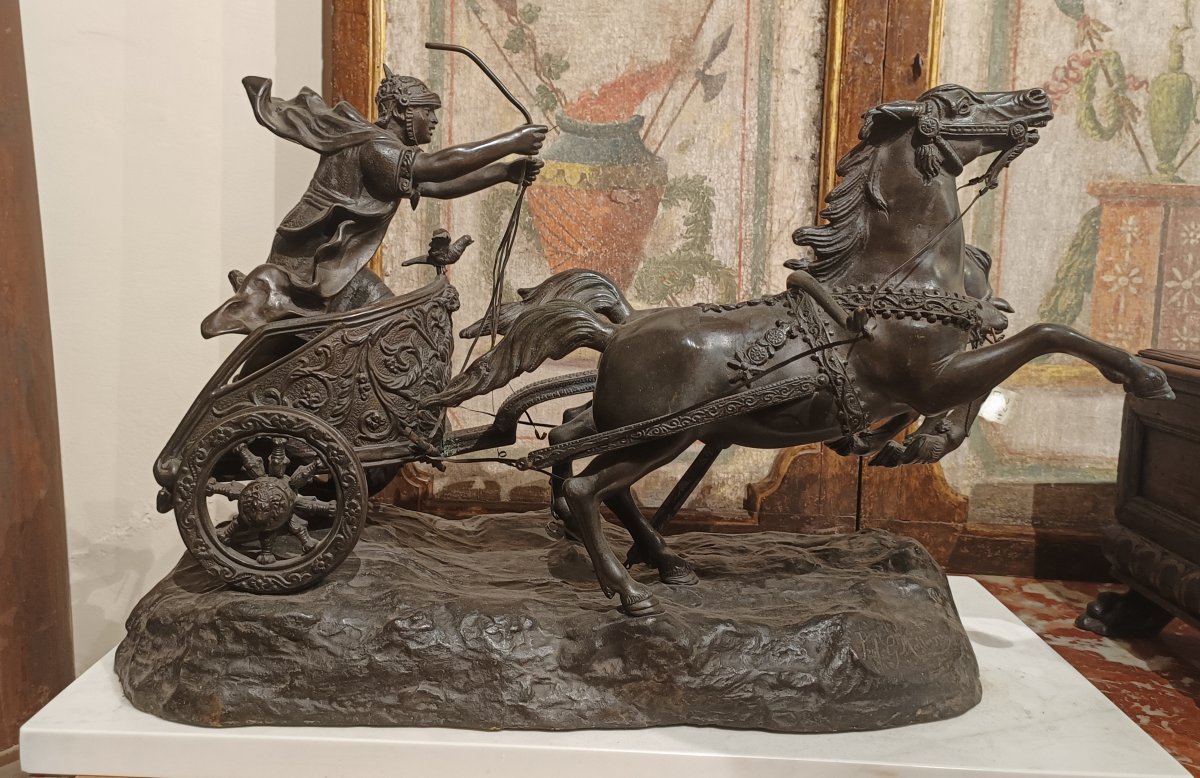 Sculpture en bronze représentant un char. Signé Prof.G.Matteini ,début du 20ème siécle.-photo-1
