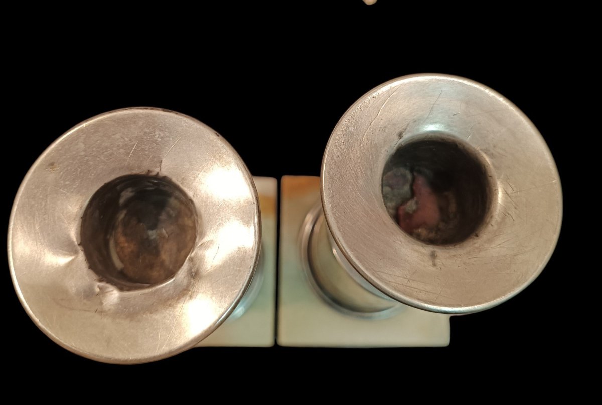 Paire de bougeoirs en onyx et argent. Début du 20ème siècle.-photo-4