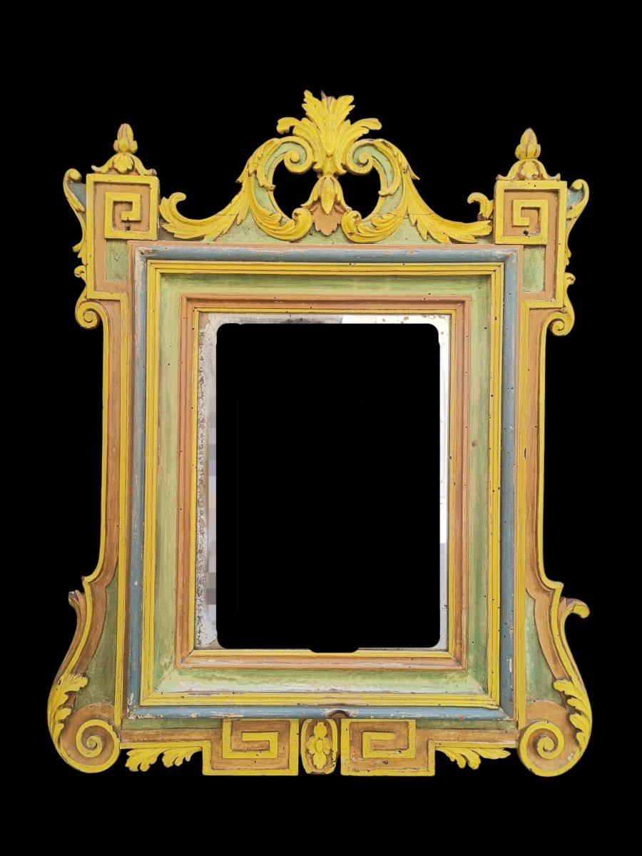 Carved And Painted Wooden Mirror. Piedmont, 18th Century.