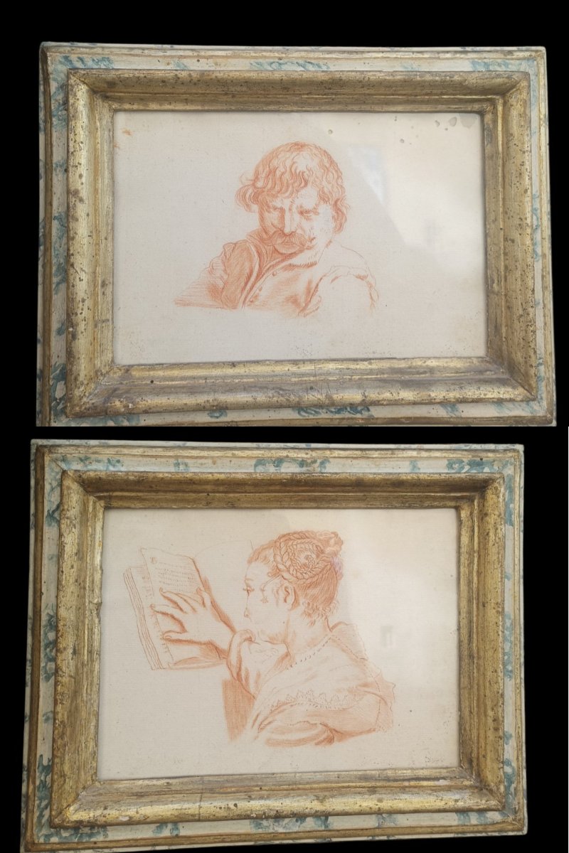 Paire de dessins XIXème avec cadres XVIIIème