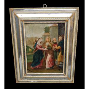 Oil Painting On Copper Depicting The Visitation,  Flemish Painter,xvii Century