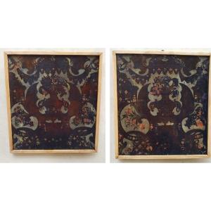 Pair Of Decorative Panels In Embossed And Painted Leather, Cordoba (spain) ,end Of 17th.