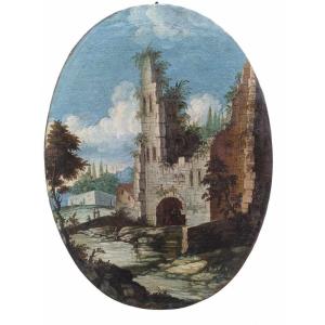 Oval Oil Painting On Canvas Depicting An Architectural Caprice.italy,xviiith Century.