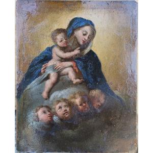 Oil On Copper Depicting The Madonna In Glory.  Italy ,17th Century.