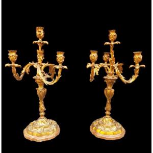 Pair Of Gilt Bronze Candlesticks With Red Marble Bases. France,late XIXth Century.