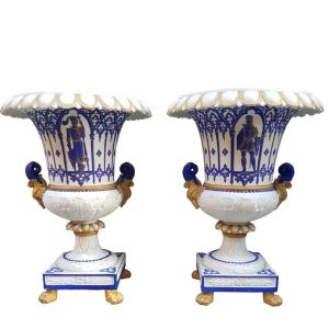 Pair Of Gilded And Painted Biscuit Vases.  France, 19th Century. 