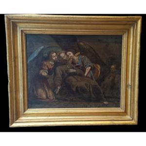 Oil On Slate Depicting The Lament Of Saint Francis . Verona,xvii Century