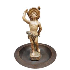 Copper Almoner With Wooden Sculpture Of Saint Sebastian In .italy,17th Century.