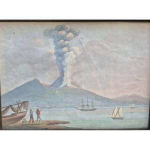 Gouache Depicting The Eruption Of Vesuvius.naples,early 19th Century.